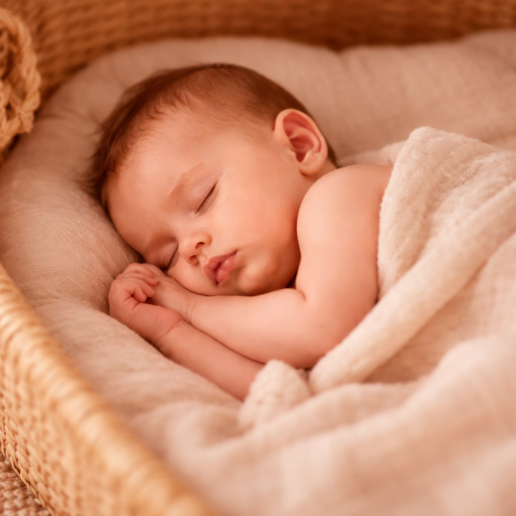 Bebé dormido en cuna tejida